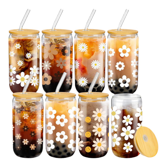 Glass 16oz Coffee Cup WITH Bamboo Lid and Glass Straw Daisy themed coffee glassware for water  juice milk iced coffee or hot drinks
