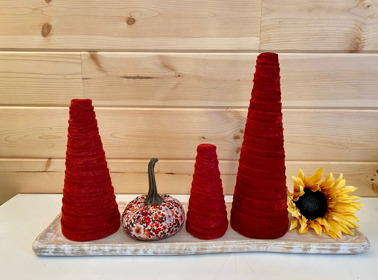 Decorative CONE Trees BRICK RED Crush Velvet Set of 3