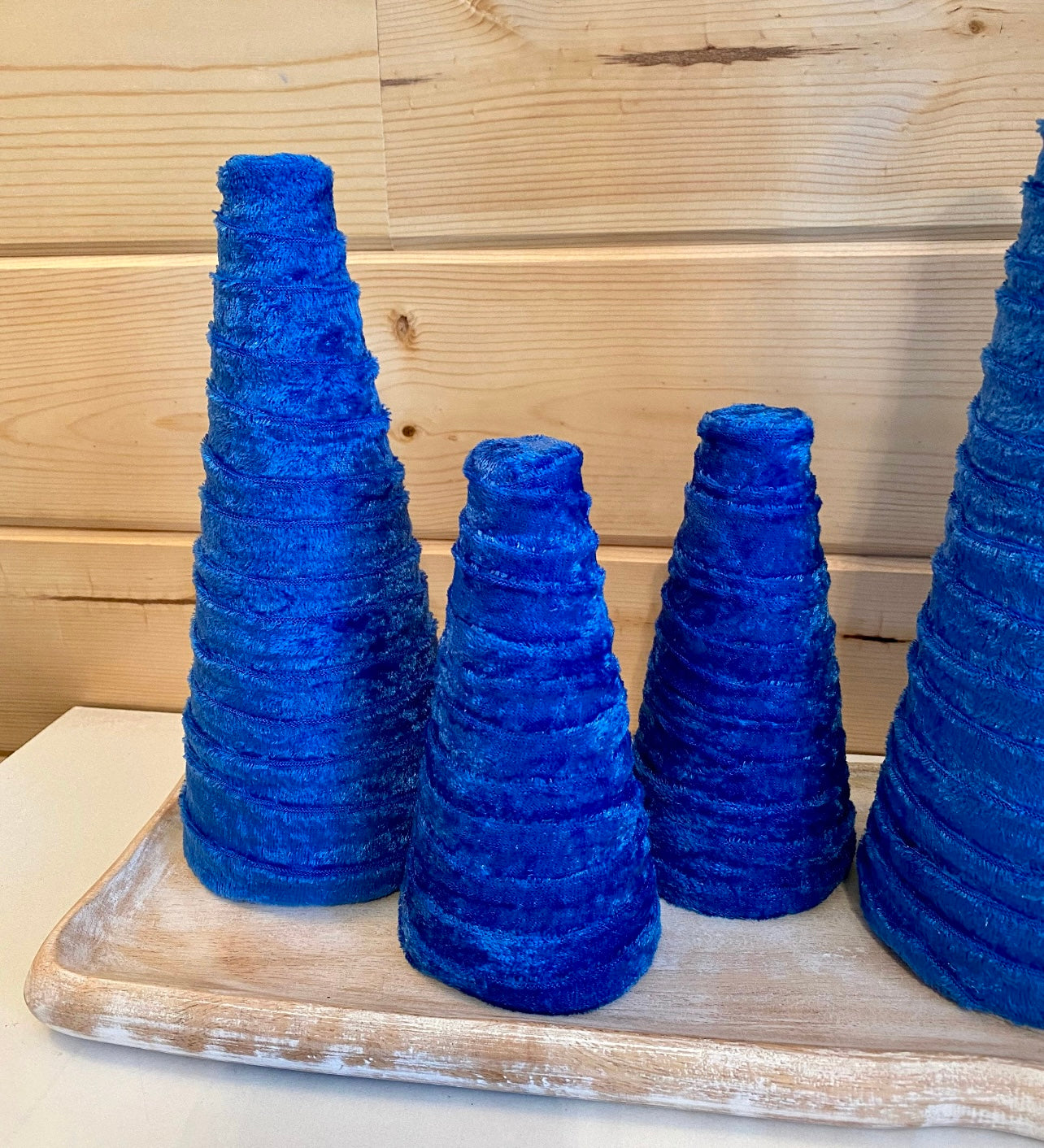 Decorative CONE Trees BLUE CRUSH Velvet Tree Set of 5