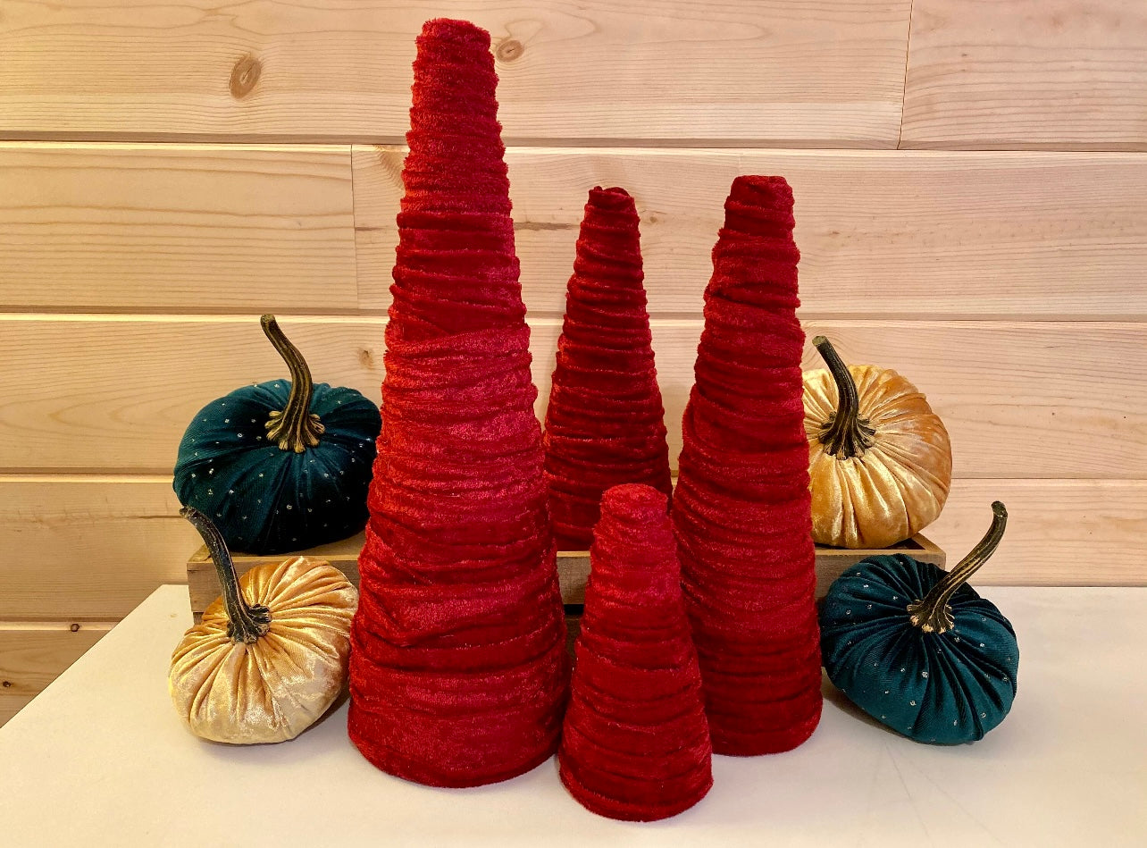 Decorative CONE Trees BRICK RED Crushed Velvet Trees Set of 4