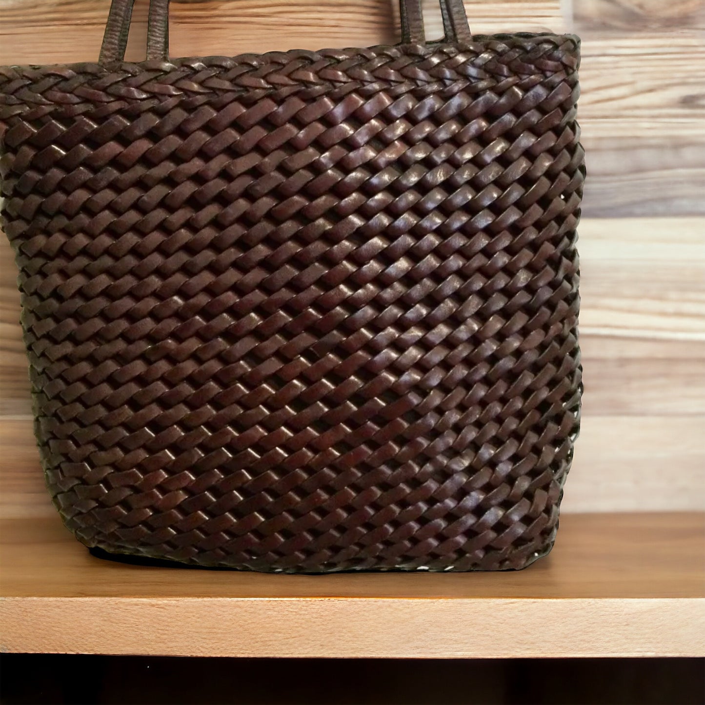 ‼️SOLD‼️ Woven Brown Leather Tote Bag Bucket Bag Fabric Lined by HOBO International