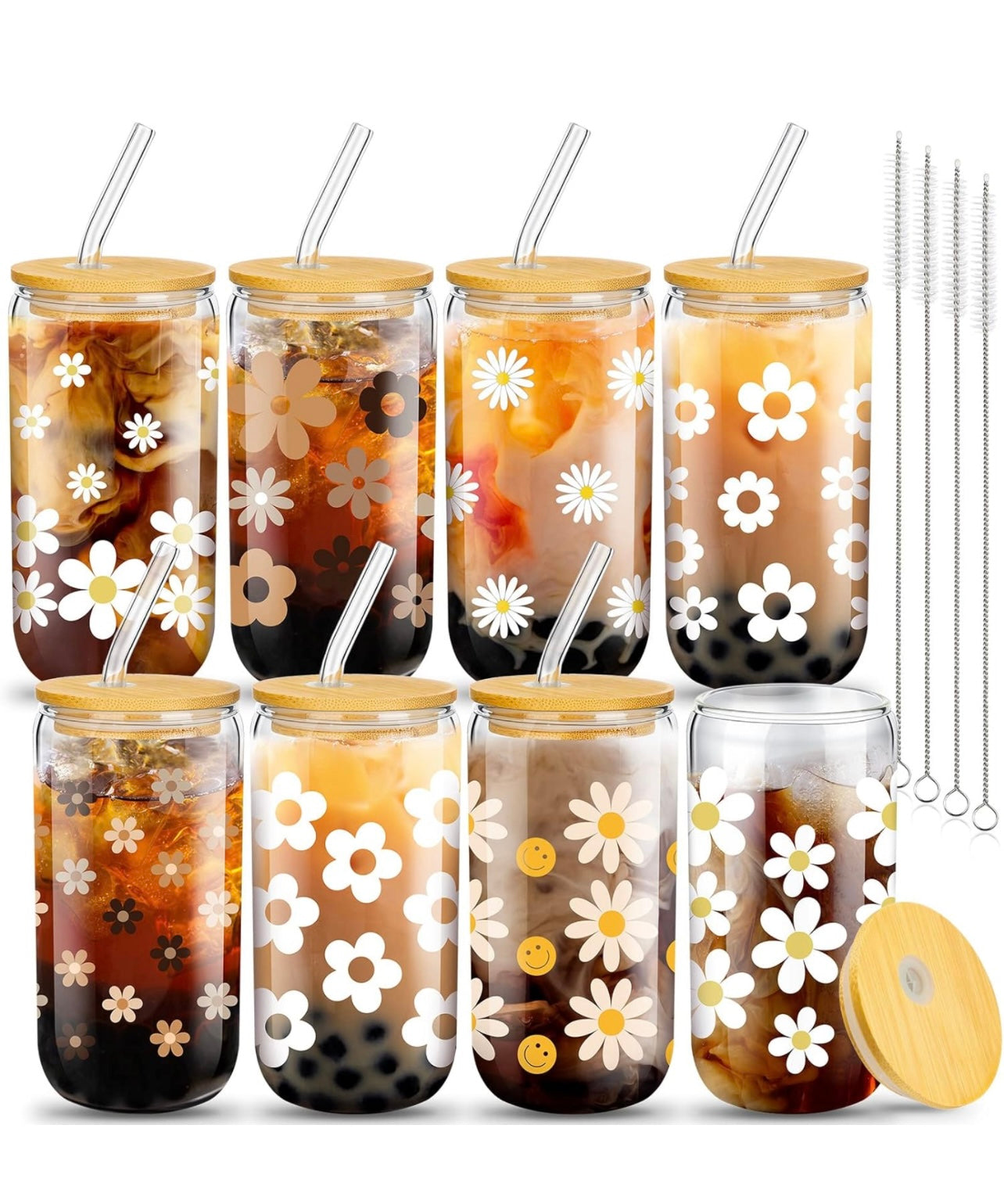 WHOLESALE REUSABLE GLASS TUMBLER CUP SETS - MULTI DAISY PRINT - MUST ORDER 3 TOTAL SETS