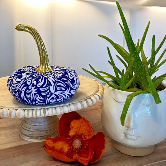 LARGE BLUE and WHITE PRINT PUMPKIN - ELLA VINE INDIGO BLUE