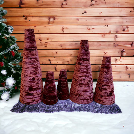 handcrafted Wine Velvet Set of 5 Decorative Trees Wedding reception centerpieces Holiday table-scapes rustic mantle decor