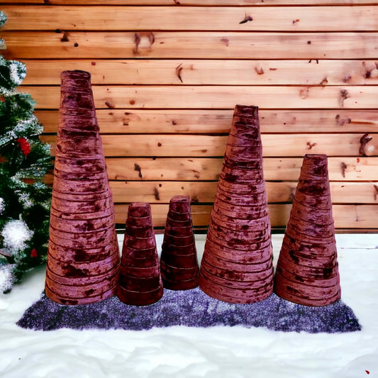 Decorative CONE Trees WINE VELVET Tree Set of 5