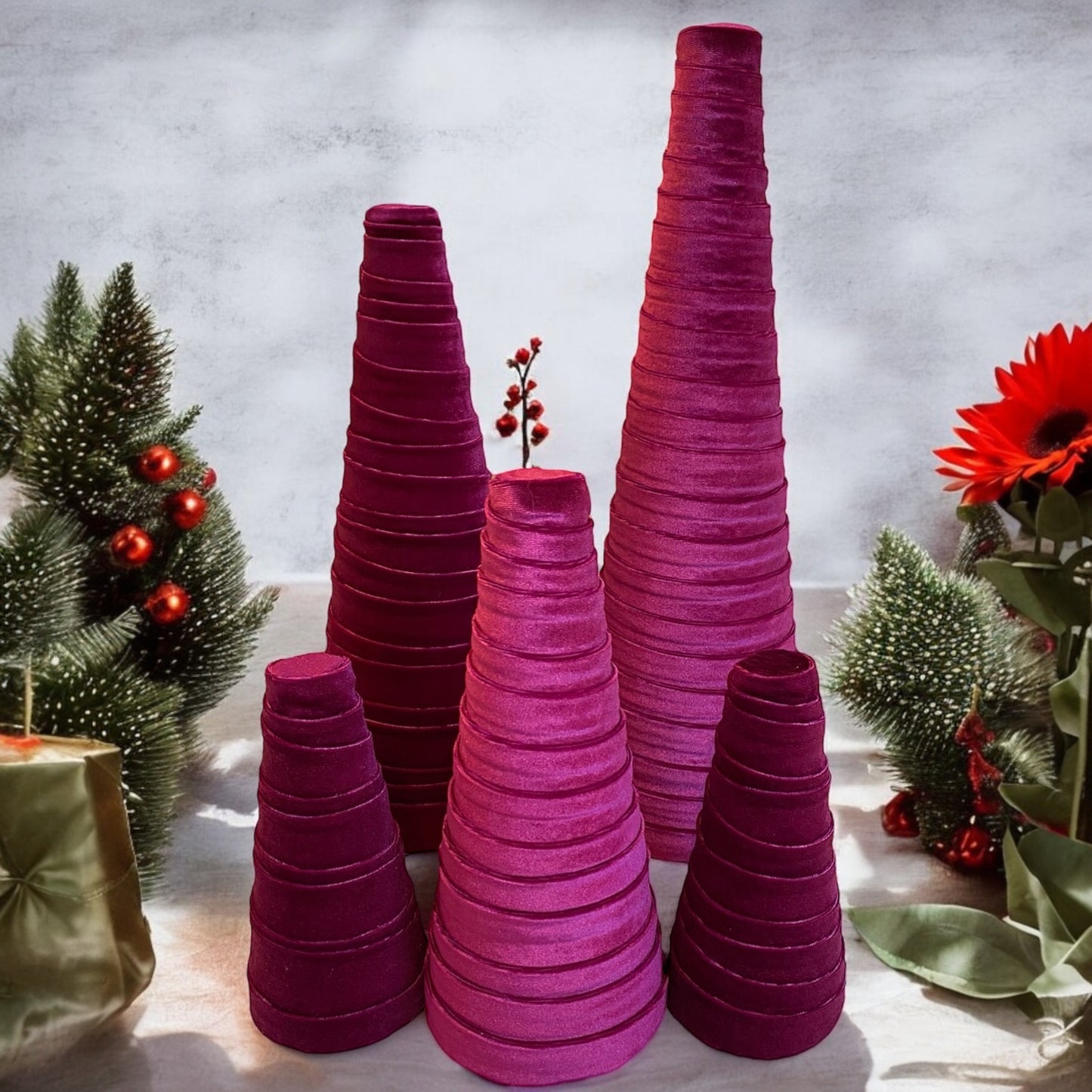 Decorative CONE Trees for Home Decor and Wedding Centerpieces Set of 5 MAGENTA VELVET Cones