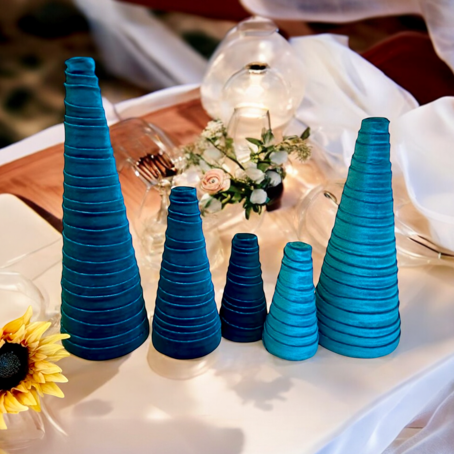 Teal Velvet Decorative Cones Set of 4 Everyday Mantel Décor Dark Turquoise Decor Christmas Tablescape Wedding Centerpiece