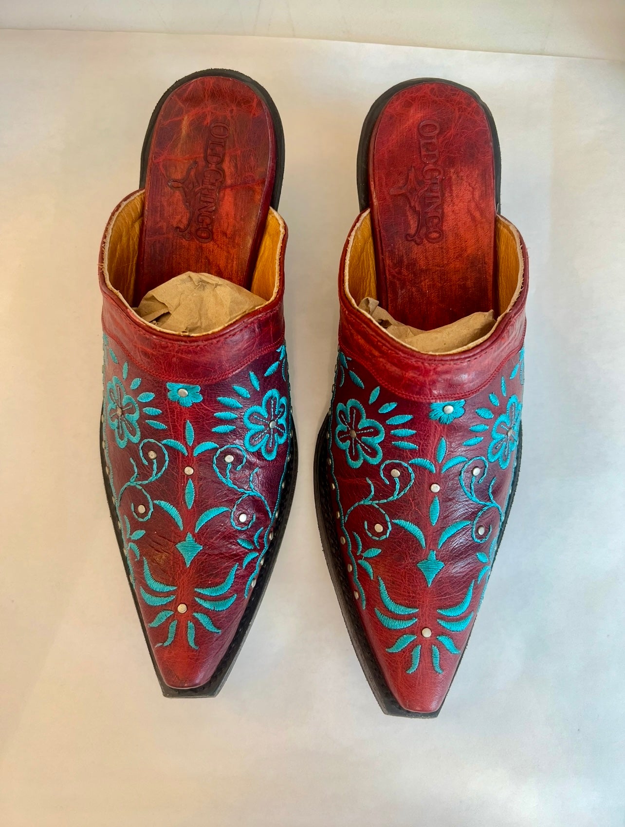 OLD GRING AMBER ML3105-1 RED TURQUOISE FLORAL EMBROIDERED LEATHER MULES