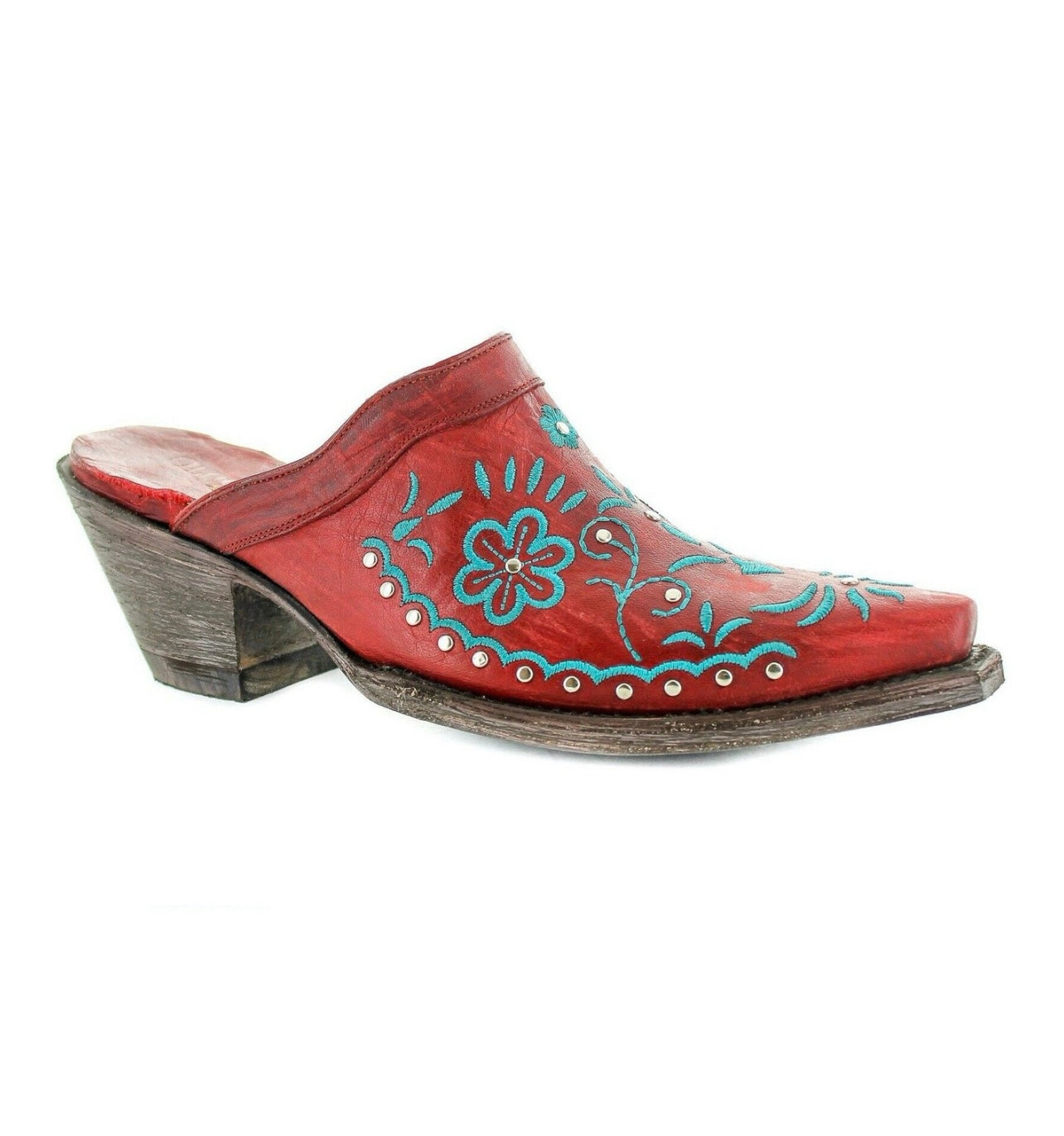 OLD GRING AMBER ML3105-1 RED TURQUOISE FLORAL EMBROIDERED LEATHER MULES