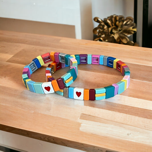 Bracelet Gift Set Stretch Bracelets MOMMY & ME Heart Rainbow Enamel Ceramic Bracelet One for Mom Heart Bracelet One for Child Heart Bracelet