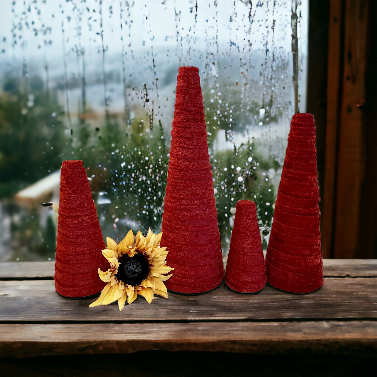 Decorative CONE Trees BRICK RED Crushed Velvet Trees Set of 4