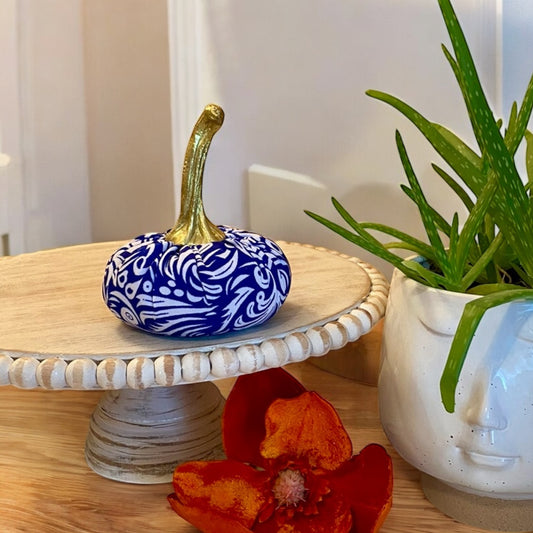 SMALL BLUE and WHITE PRINT FABRIC PUMPKIN - ELLA VINE INDIGO BLUE