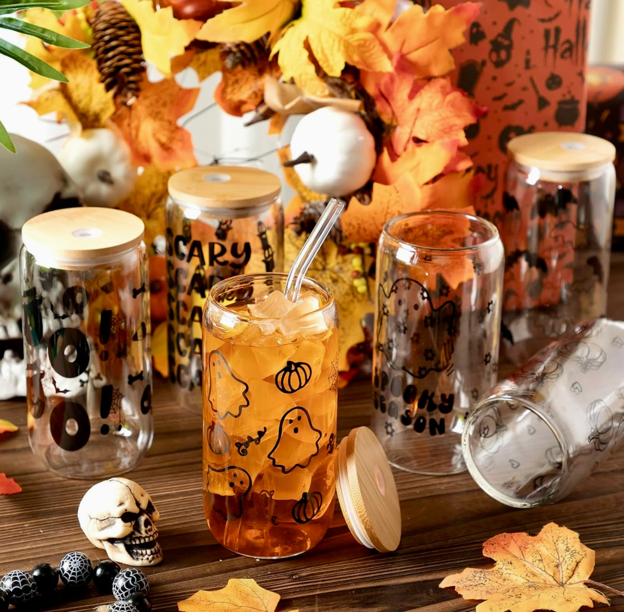 WHOLESALE REUSABLE GLASS TUMBLER CUPS - FUN HALLOWEEN PRINT - MUST ORDER 3 TOTAL SETS