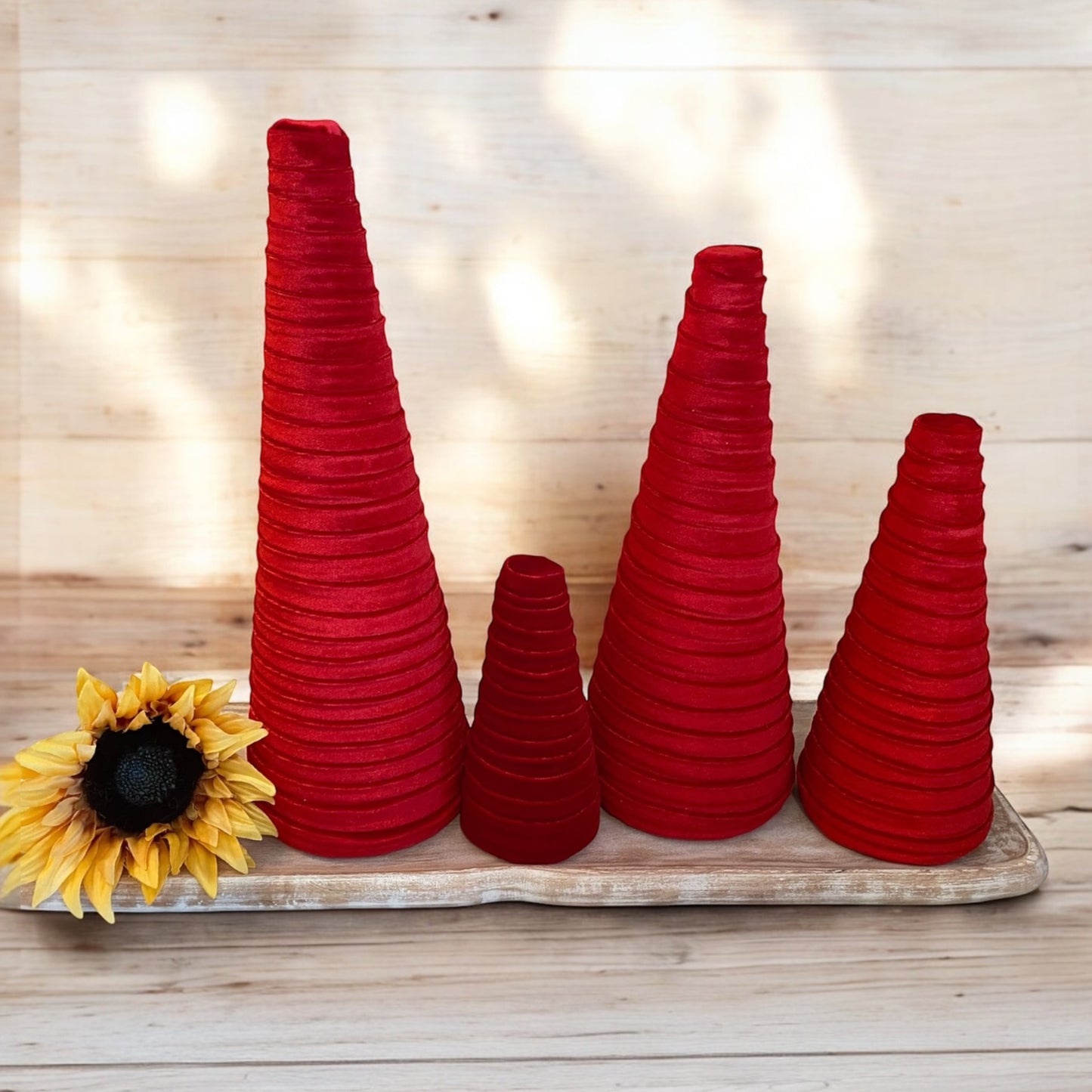 Decorative CONE Trees RED VELVET CANDY CANE Luxe Velvet Tree Sets of 4