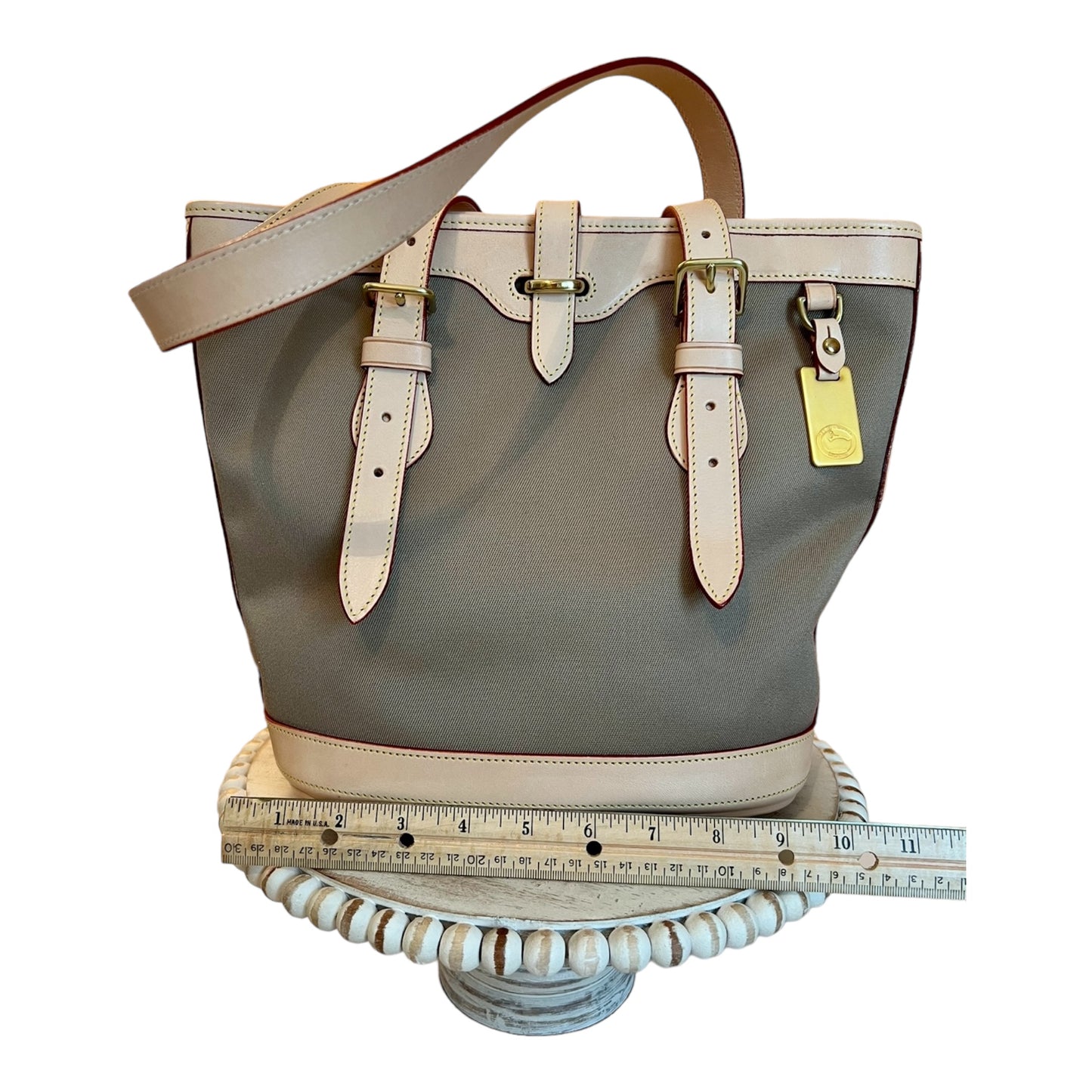 Dooney & Bourke Vintage Cabriolet Taupe Canvas & Florentine Leather Bucket Tote Shoulder Bag Made in the USA