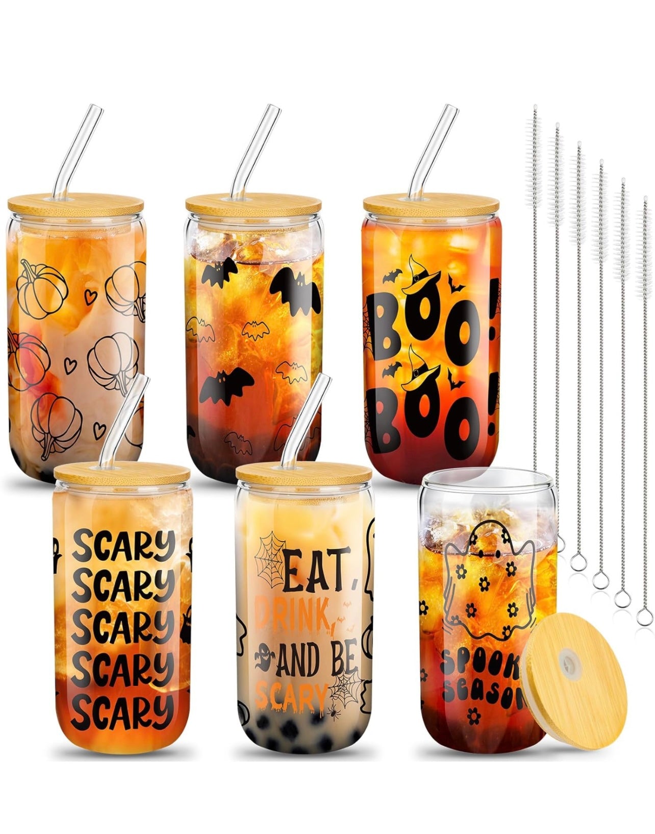 WHOLESALE REUSABLE GLASS TUMBLER CUPS - FUN HALLOWEEN PRINT - MUST ORDER 3 TOTAL SETS