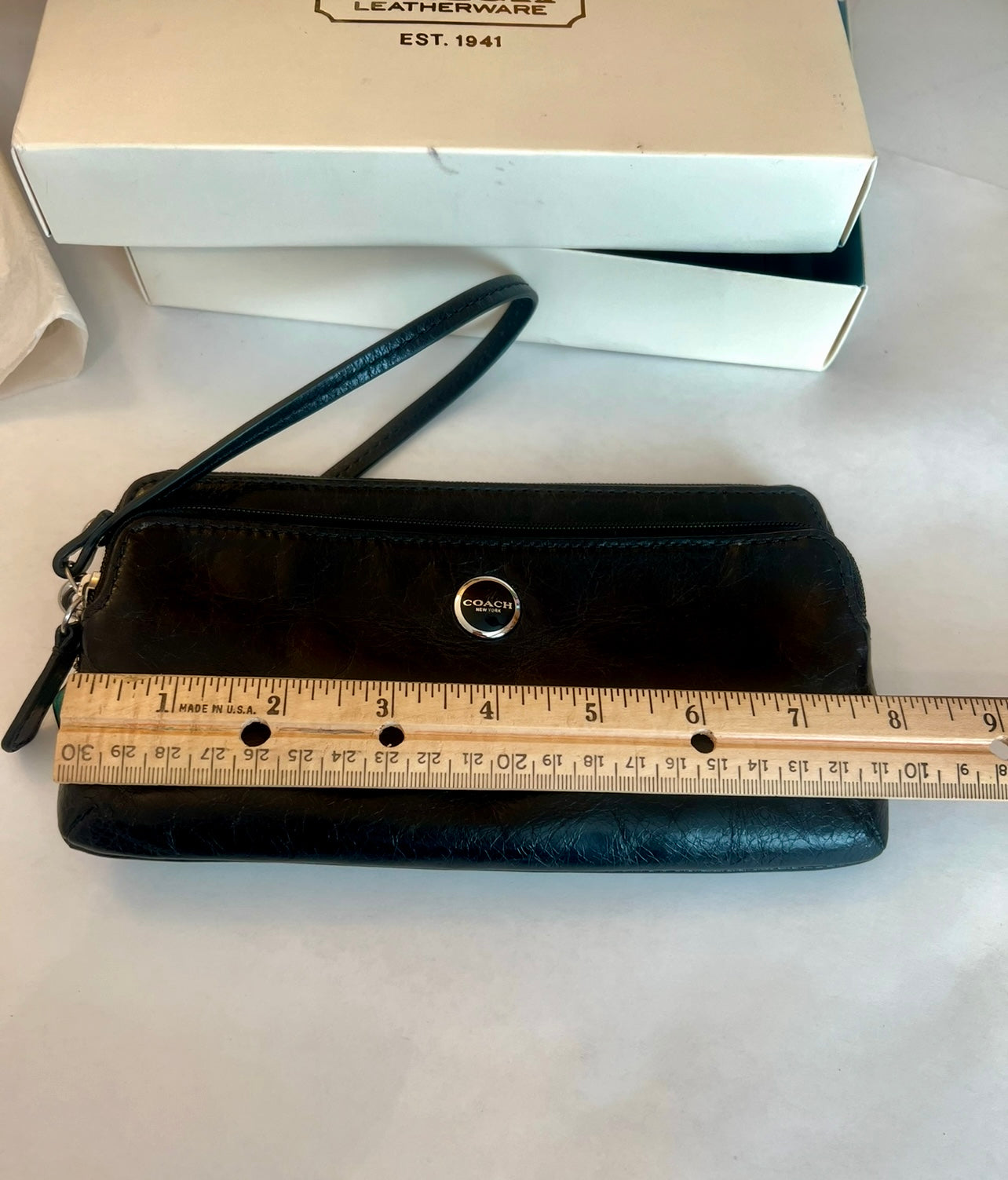 Vintage Coach Black Leather Double Zip Wallet Wristlet #47894 *New w/Box Receipt