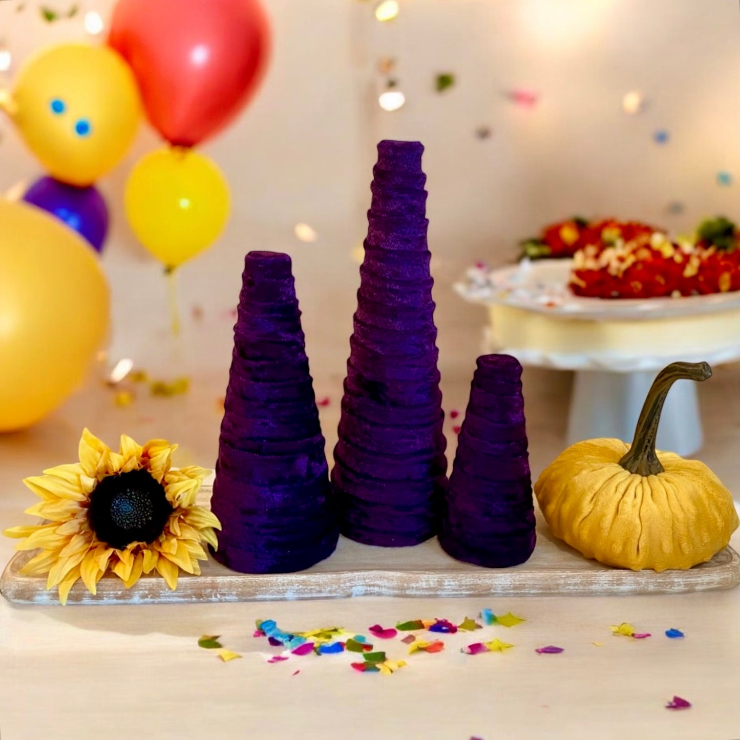 PURPLE Crushed Velvet Decorative CONE Set of 3 Rustic Wedding Centerpiece Reception Decor Host Gift Set Chic Home Decor