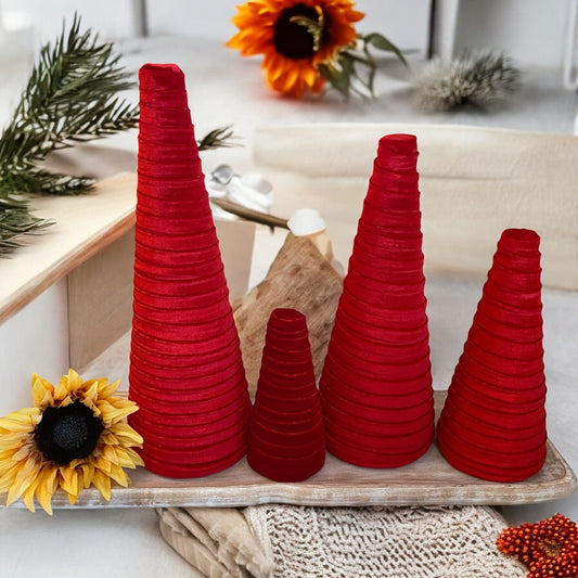 Decorative CONE Trees RED VELVET CANDY CANE Luxe Velvet Tree Sets of 4