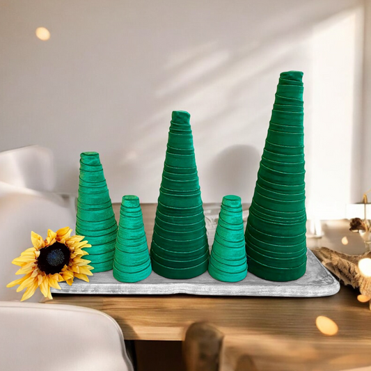 Decorative CONE Trees GREEN VELVET Luxe Home Decor Set of 5