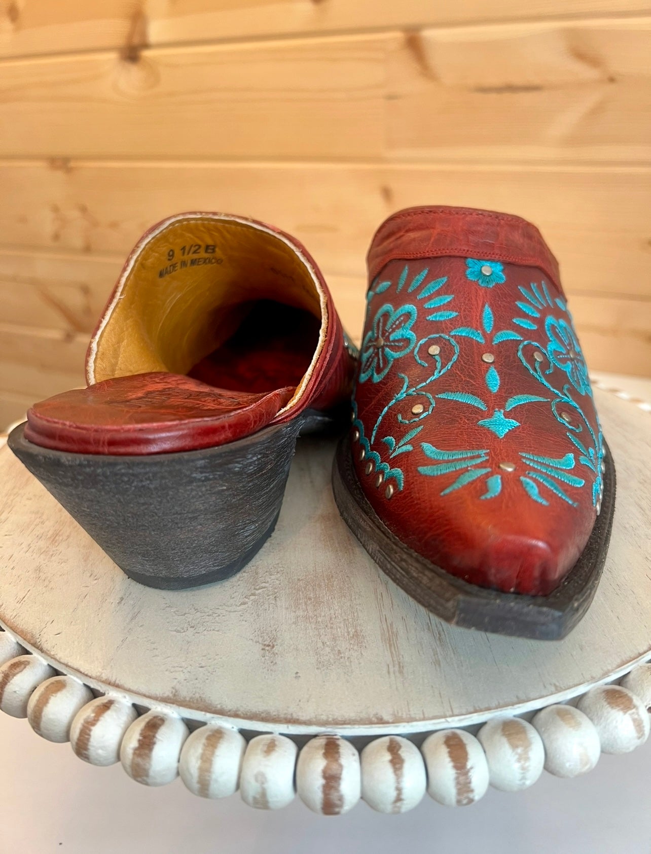 OLD GRING AMBER ML3105-1 RED TURQUOISE FLORAL EMBROIDERED LEATHER MULES