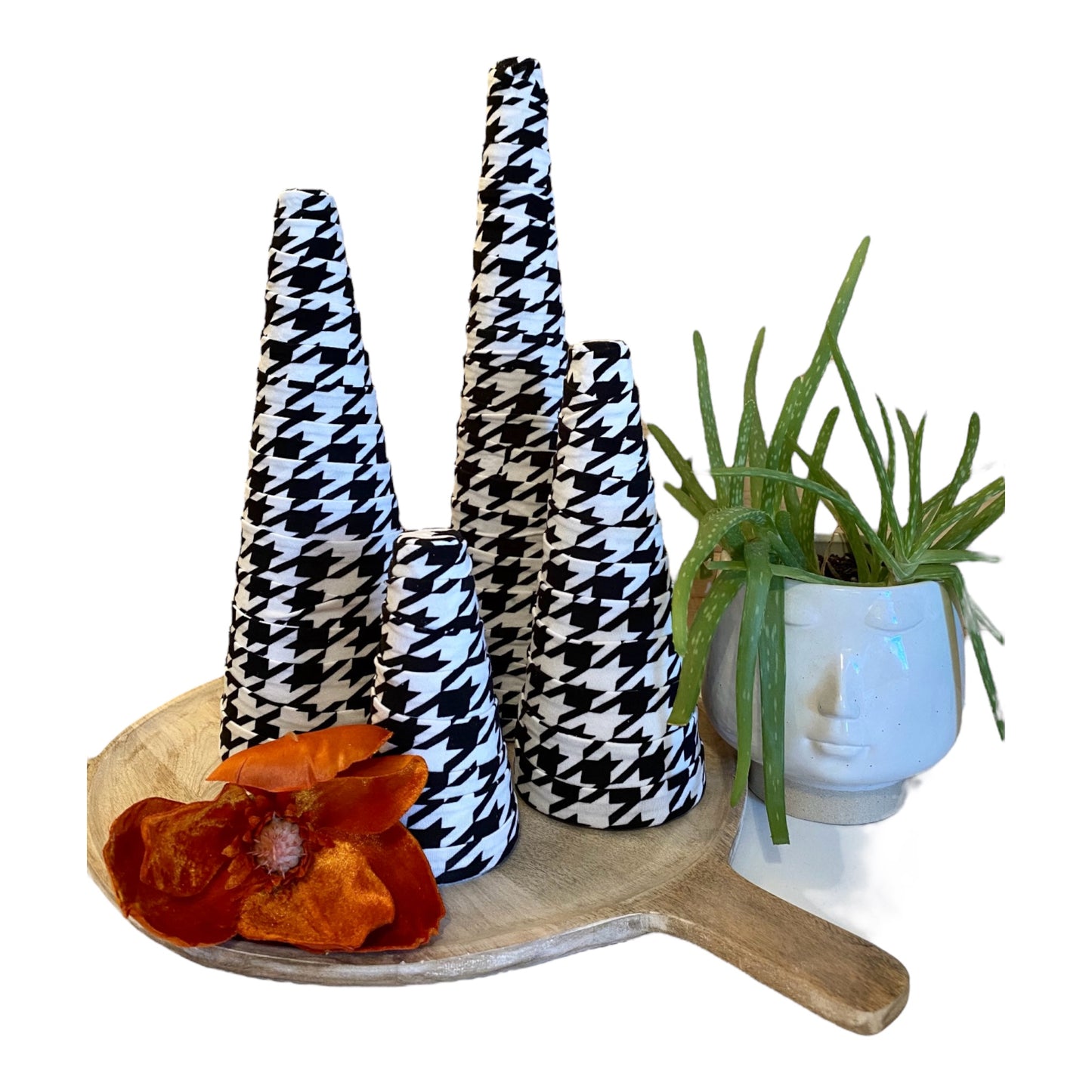 Decorative CONE Tree Centerpieces BLACK and WHITE Houndstooth Print Handcrafted Fabric Cones Country Chic Farmhouse Glam Set of 4