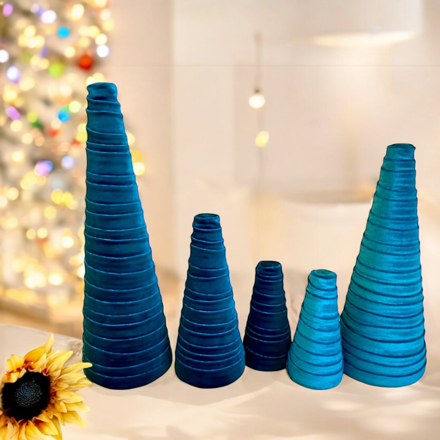 Teal Velvet Decorative Cones Set of 4 Everyday Mantel Décor Dark Turquoise Decor Christmas Tablescape Wedding Centerpiece