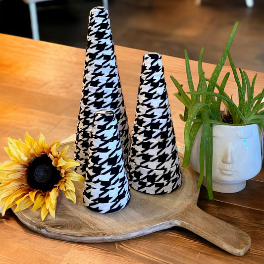 BLACK & WHITE Houndstooth Print Fabric Decorative CONE Trees Set of 3 Cottage Core Centerpiece Rustic Farmhouse Chic Holiday Gift Set