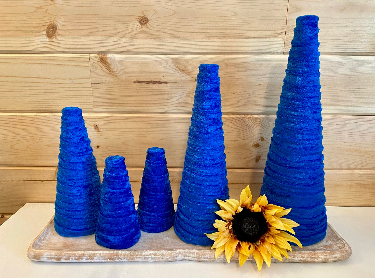 Decorative CONE Trees BLUE CRUSH Velvet Tree Set of 5