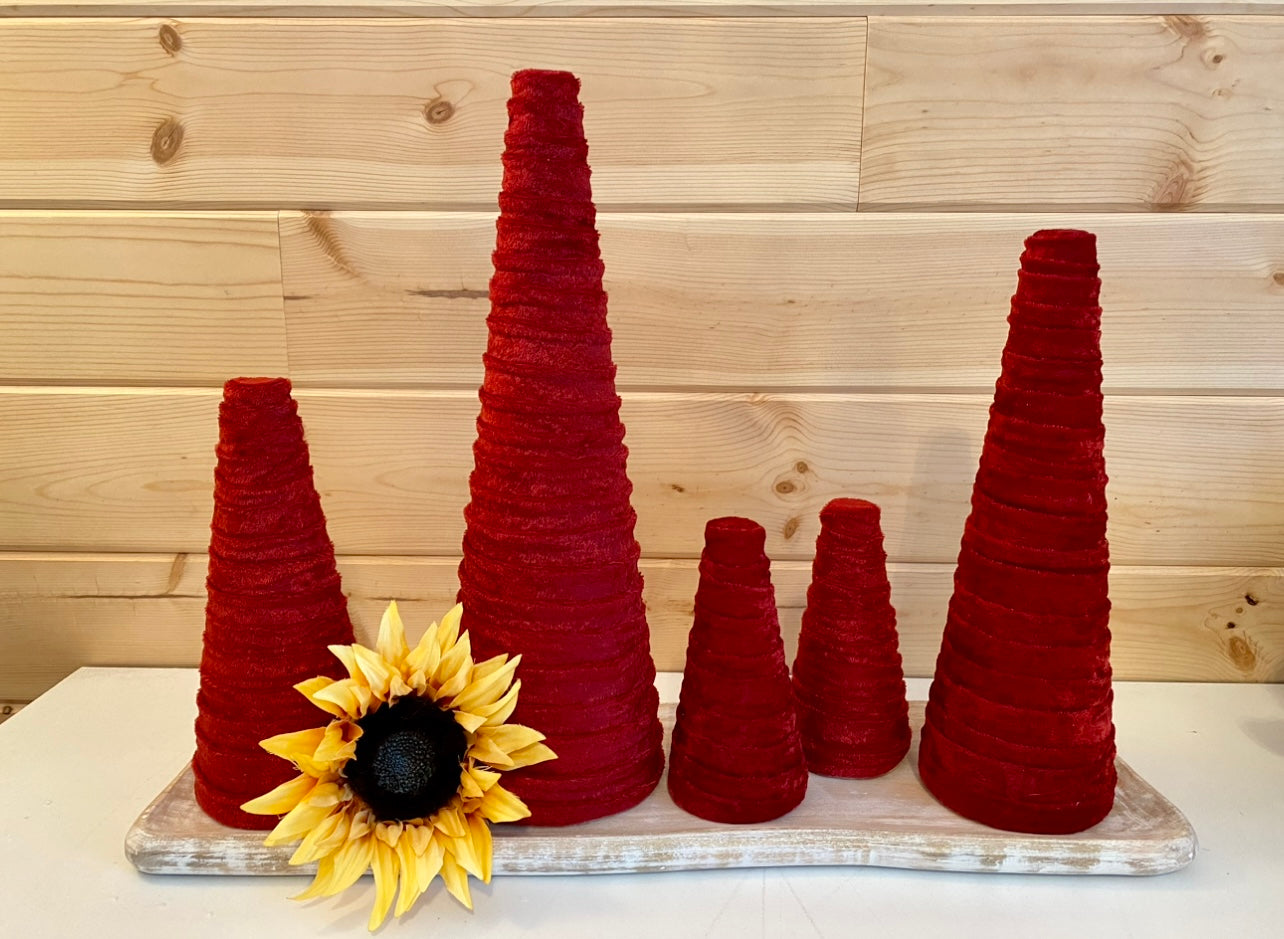 Decorative CONE Trees BRICK RED Crush Velvet Tree Set of 5