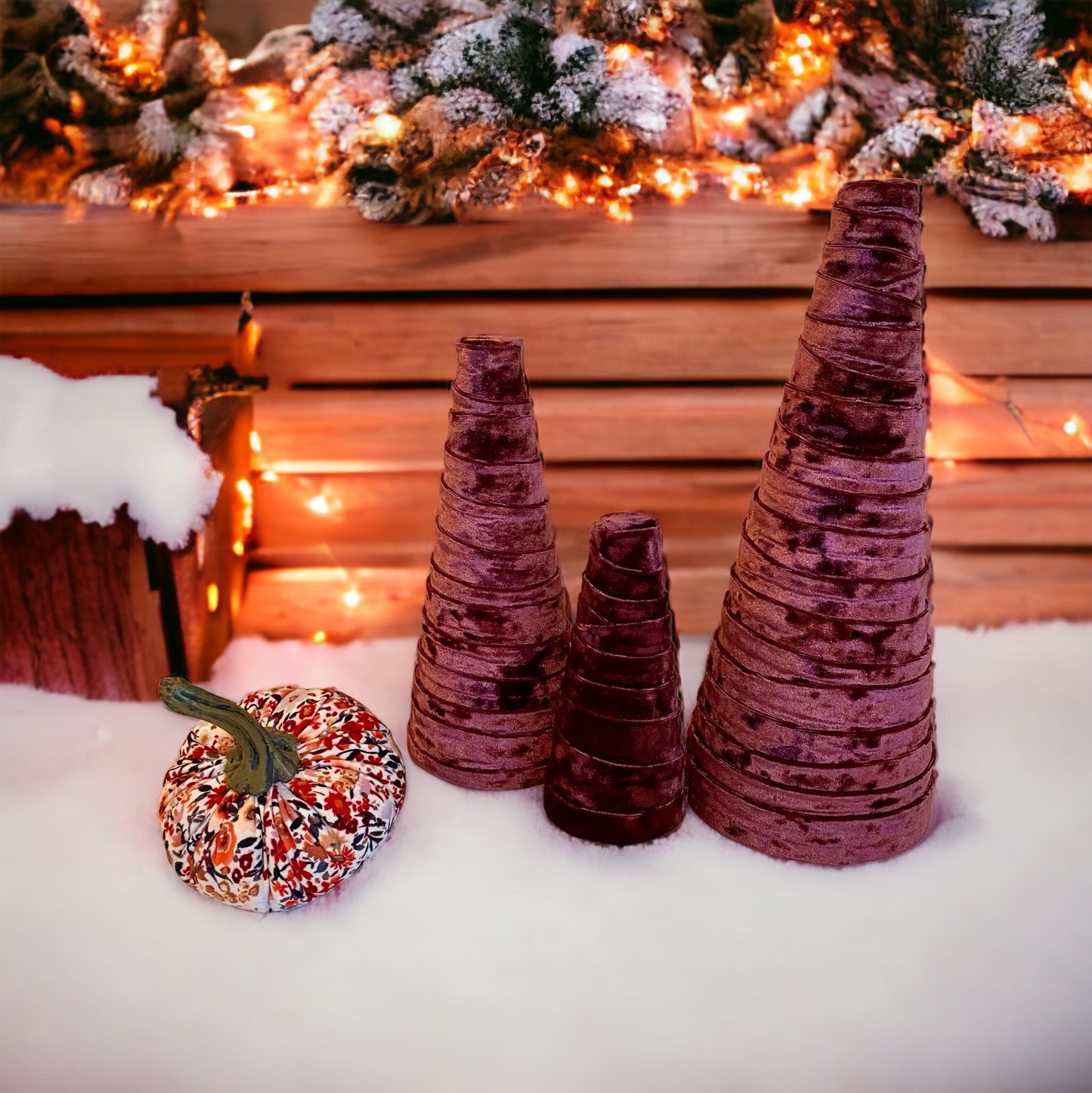 Decorative CONE Trees WINE VELVET Set of 3