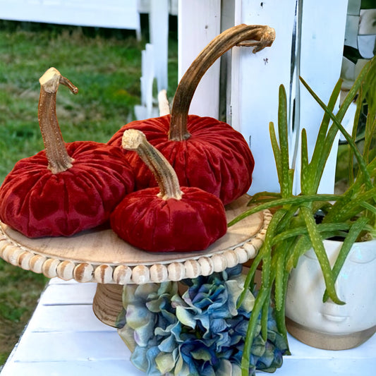 PUMPKIN SET of 3 MINK VELVET - HEART EMBOSSED - BAROQUE RED