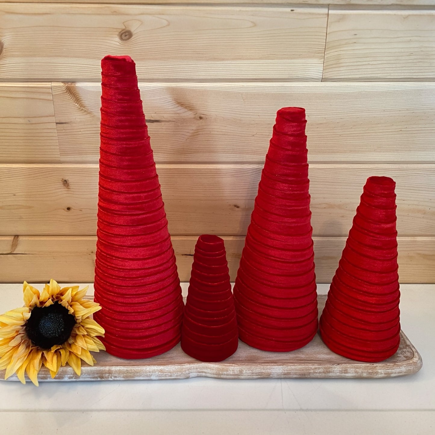 Decorative CONE Trees RED VELVET CANDY CANE Luxe Velvet Tree Sets of 4