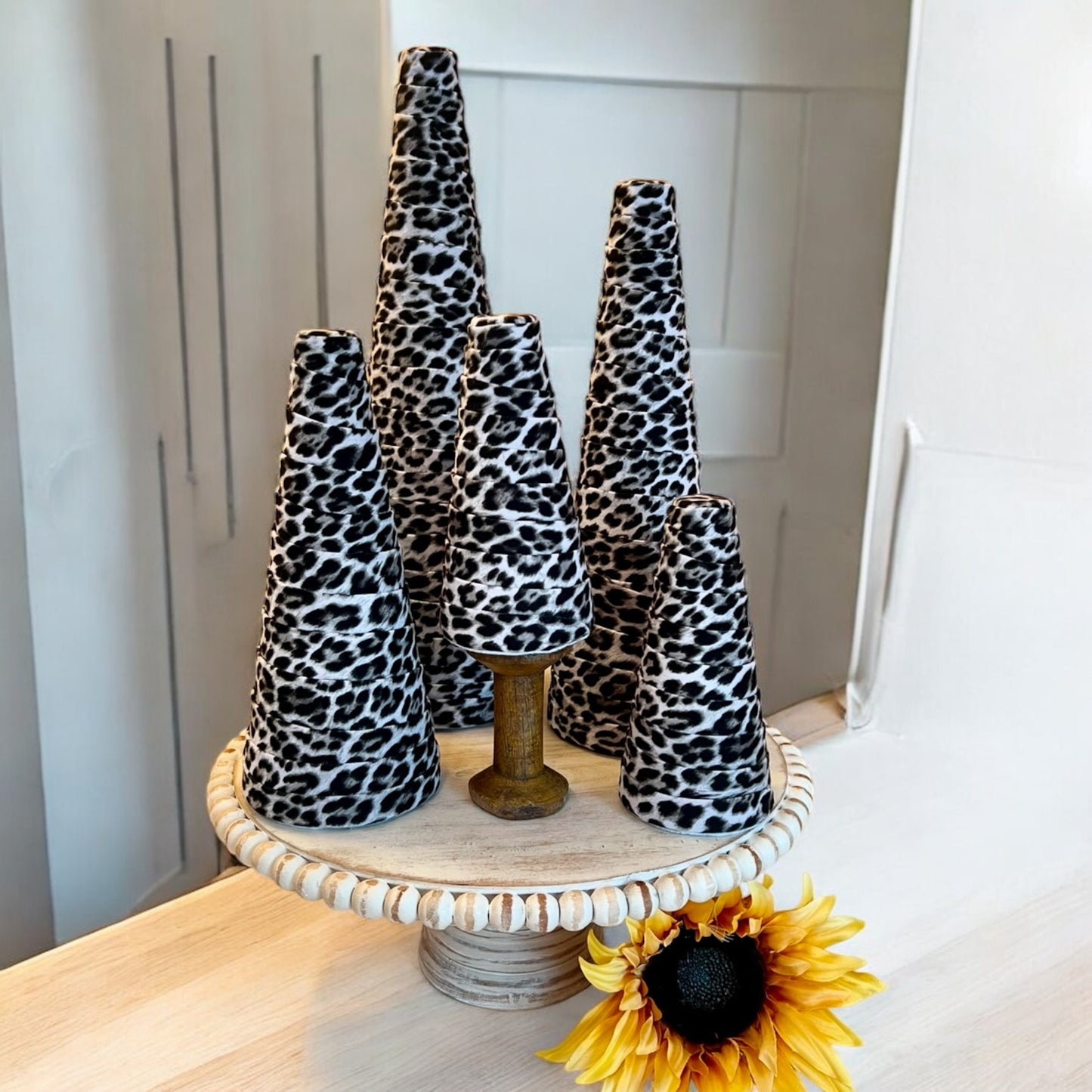 SNOW LEOPARD Print Fabric Decorative CONE Tree Wedding Centerpieces Spring Home Decor Holiday Gift Set of 5