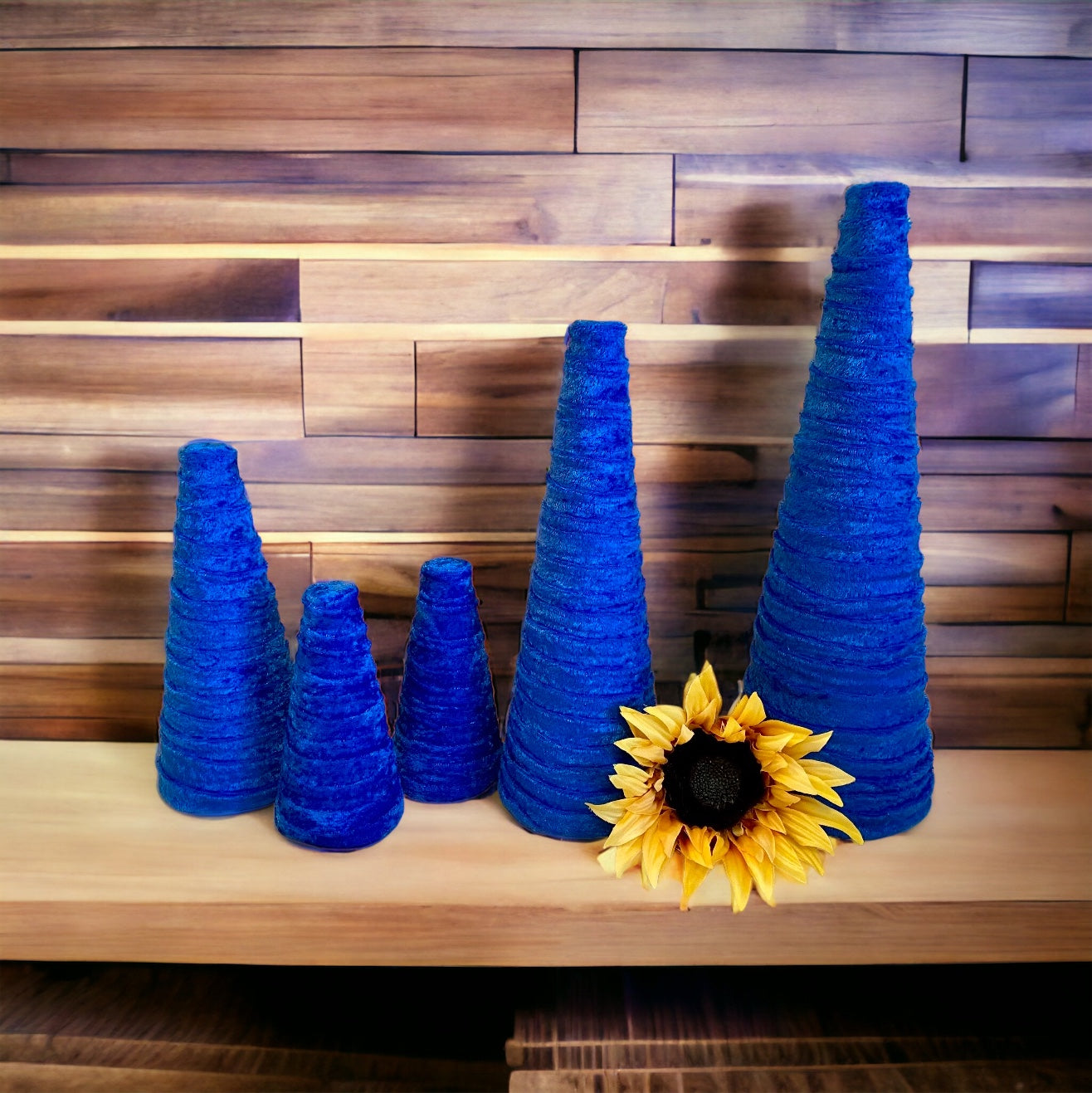 Decorative CONE Trees BLUE CRUSH Velvet Tree Set of 5