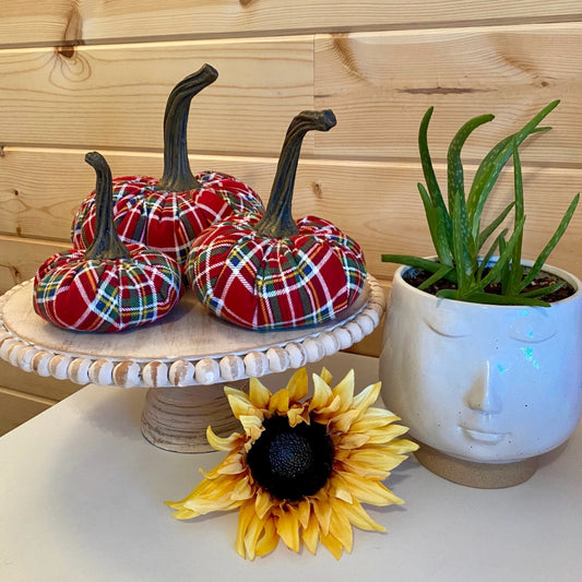 HANDCRAFTED SET of 3 FLANNEL FABRIC PUMPKINS - RED TARTAN PLAID