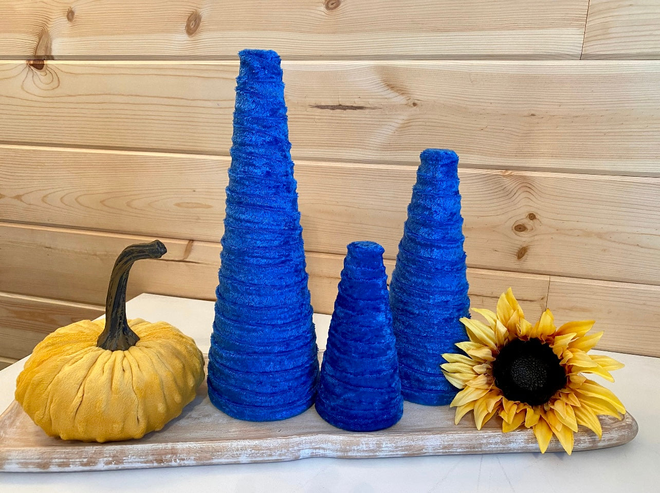 Decorative CONE Trees BLUE CRUSH Velvet Set of 3