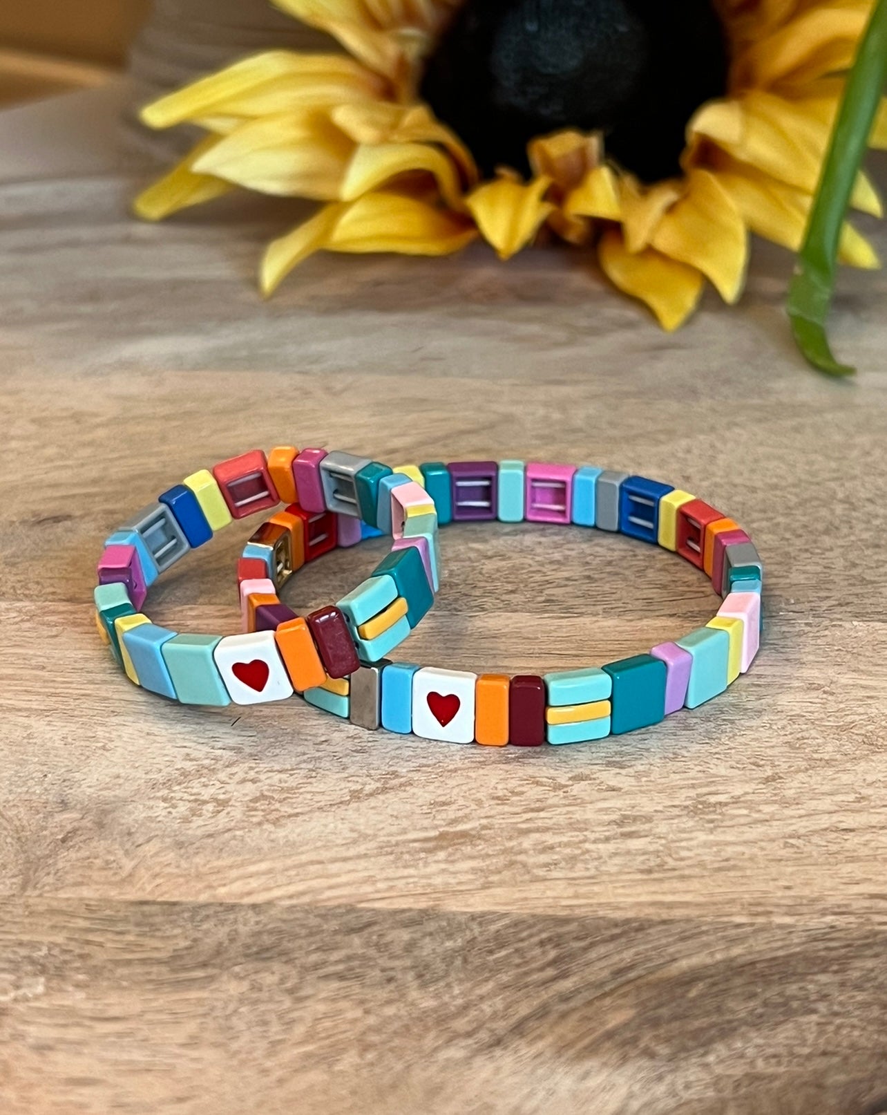 Bracelet Gift Set Stretch Bracelets MOMMY & ME Heart Rainbow Enamel Ceramic Bracelet One for Mom Heart Bracelet One for Child Heart Bracelet