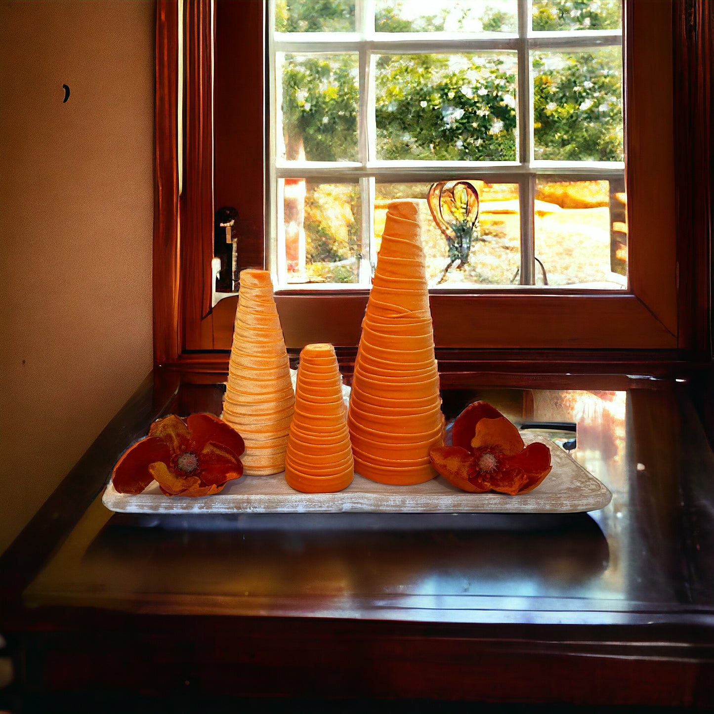 Velvet Cone Set of 3 Orange Minimalist Mantel Decor Wedding Centerpiece Holiday Tablescape Fall Decor Orange Accent Set Host Gift Set