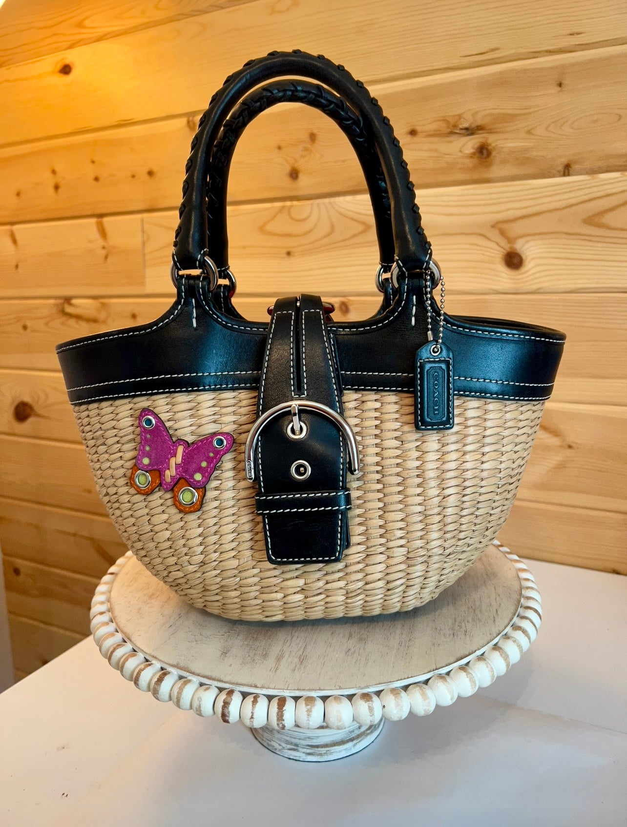 ‼️SOLD‼️ COACH Vintage Basket Purse Black Leather Trim with Pink Suede Butterfly 6270