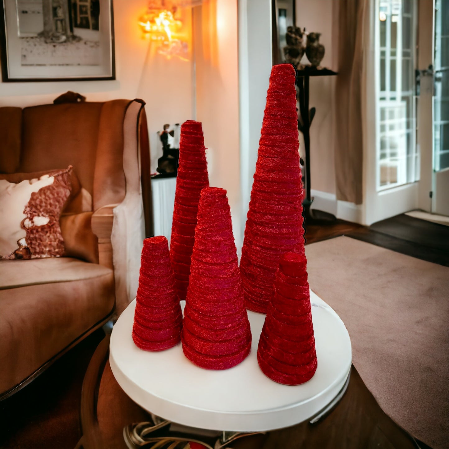 Decorative CONE Trees BRICK RED Crush Velvet Tree Set of 5