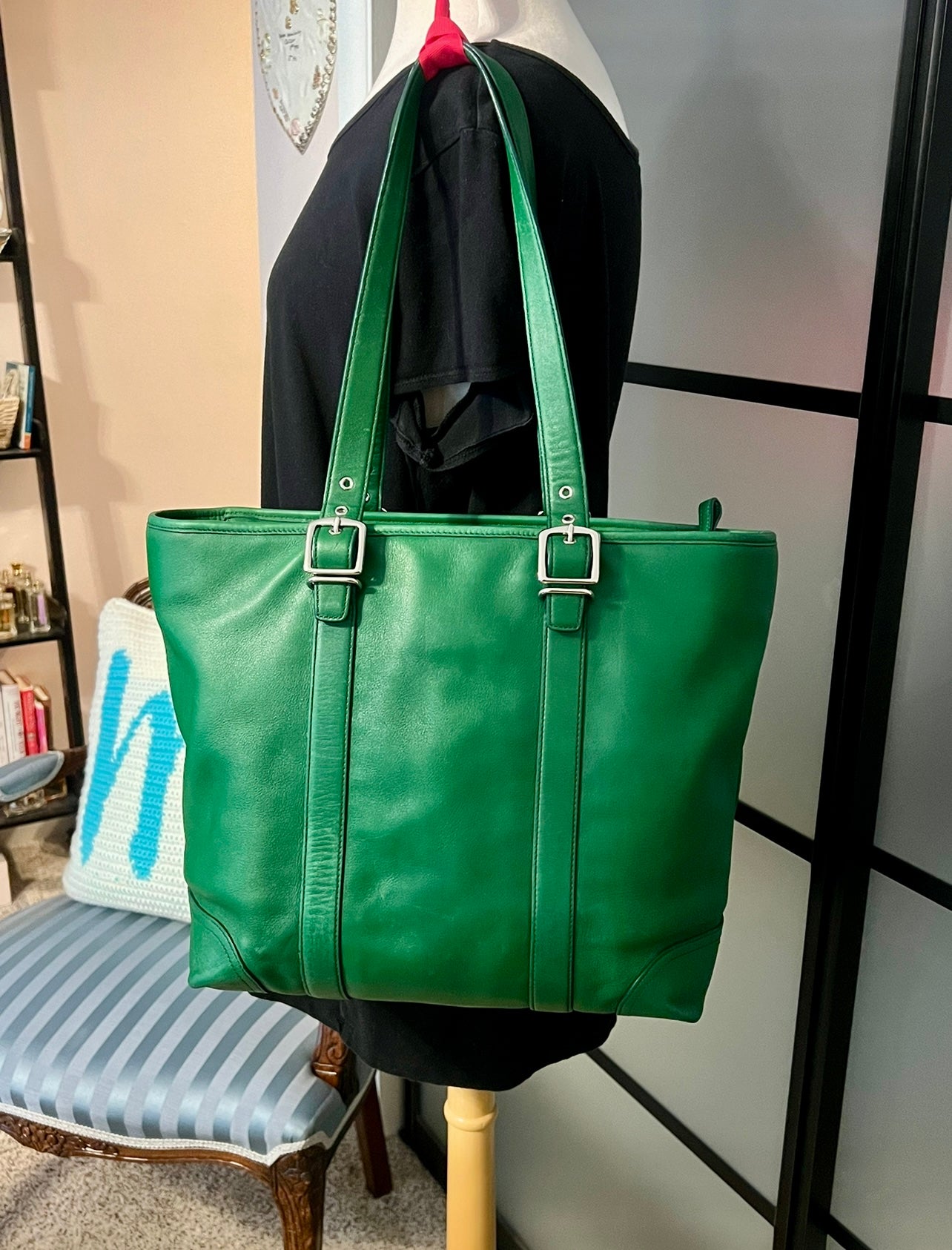 ‼️SOLD‼️Vintage COACH Hampton Green Leather Carryall Shoulder Bag TOTE  Handbag 6491