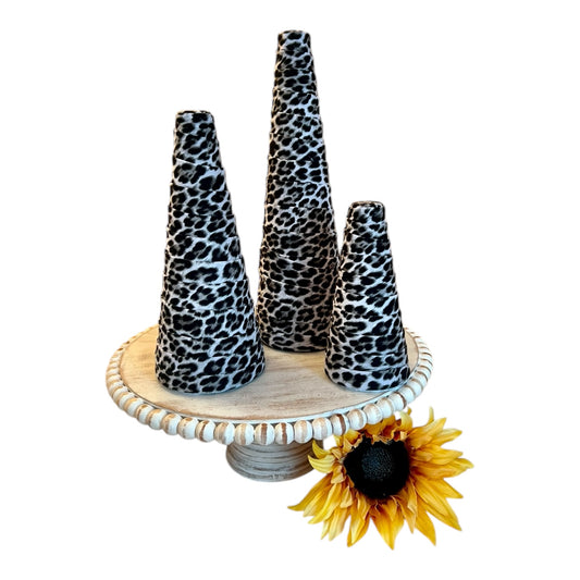 Snow Leopard Print Decorative CONES Set of 3 Cottage Core Centerpiece Rustic Farmhouse Chic Host Gift Set Home Decor