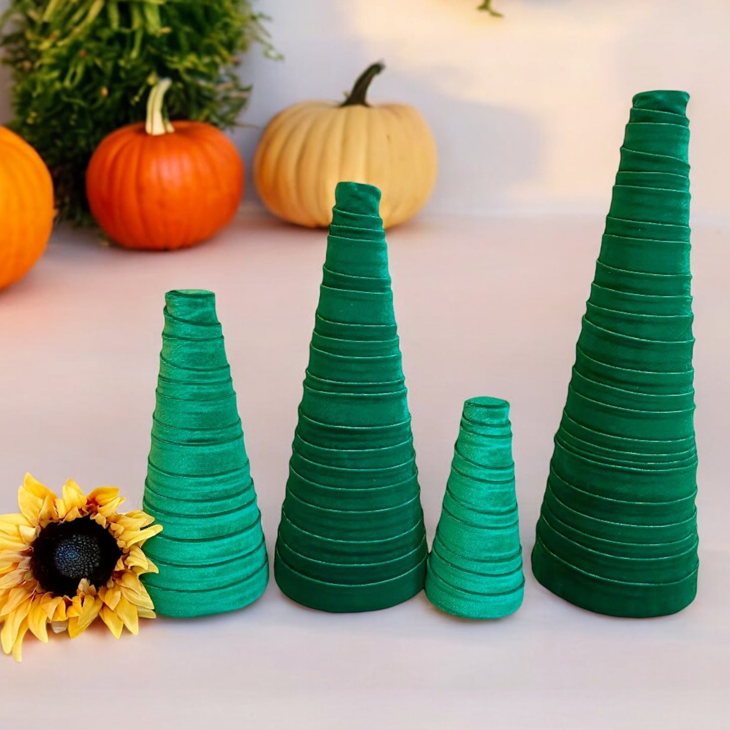 Decorative CONE Trees GREEN VELVET Luxe Handcrafted Tree Set of 4