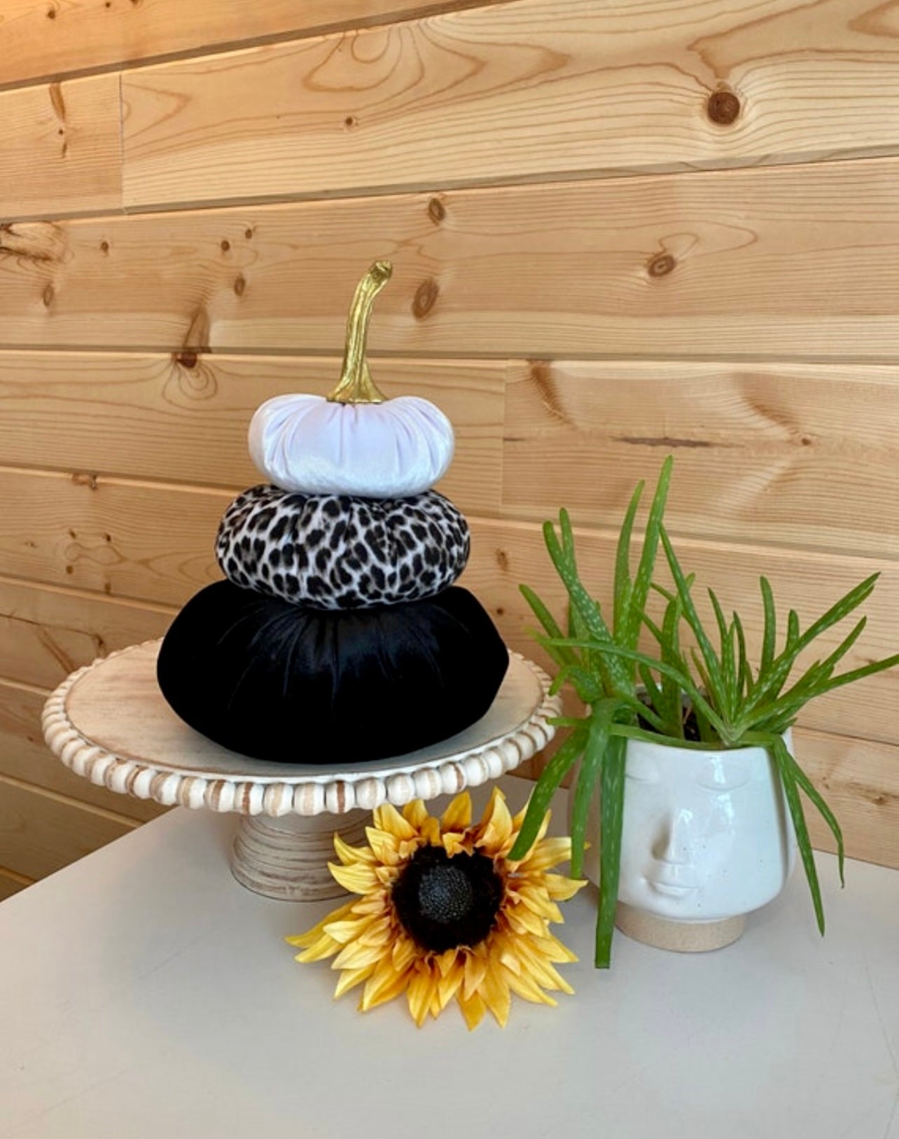 Tiered Pumpkin Stack - Velvet Animal Print White Snow Leopard