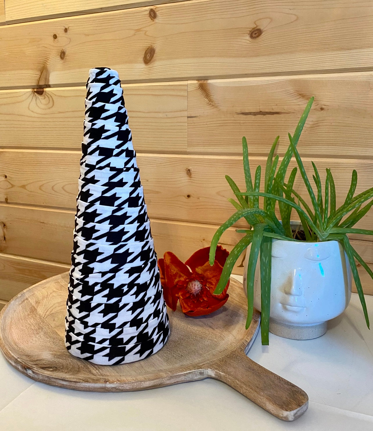 Decorative CONE Tree Centerpieces BLACK and WHITE Houndstooth Print Handcrafted Fabric Cones Country Chic Farmhouse Glam Set of 4