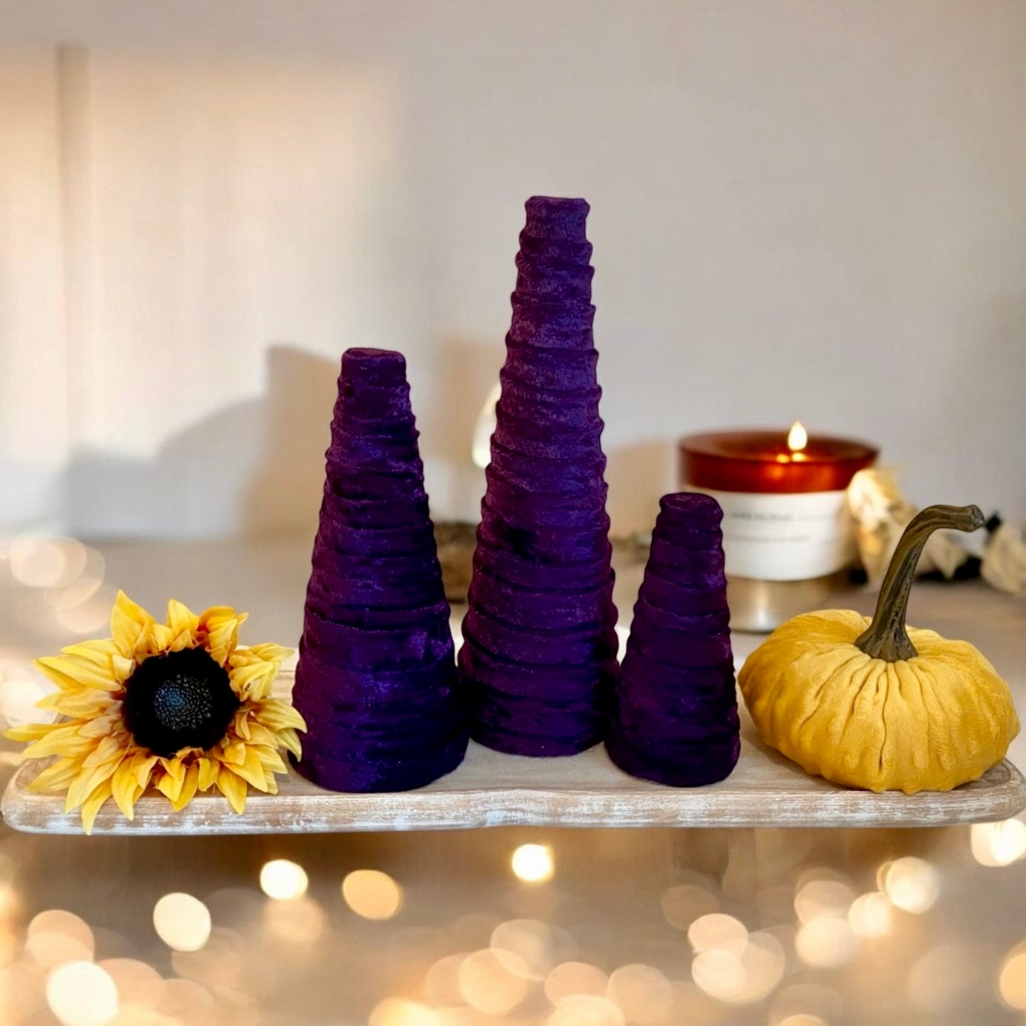 PURPLE Crushed Velvet Decorative CONE Set of 3 Rustic Wedding Centerpiece Reception Decor Host Gift Set Chic Home Decor