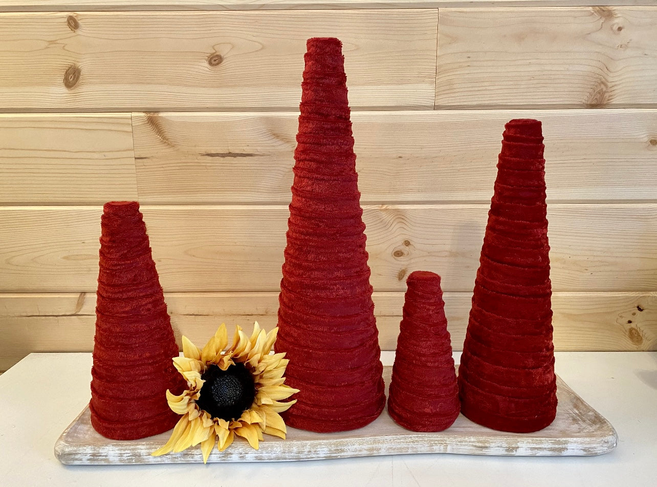 Decorative CONE Trees BRICK RED Crushed Velvet Trees Set of 4