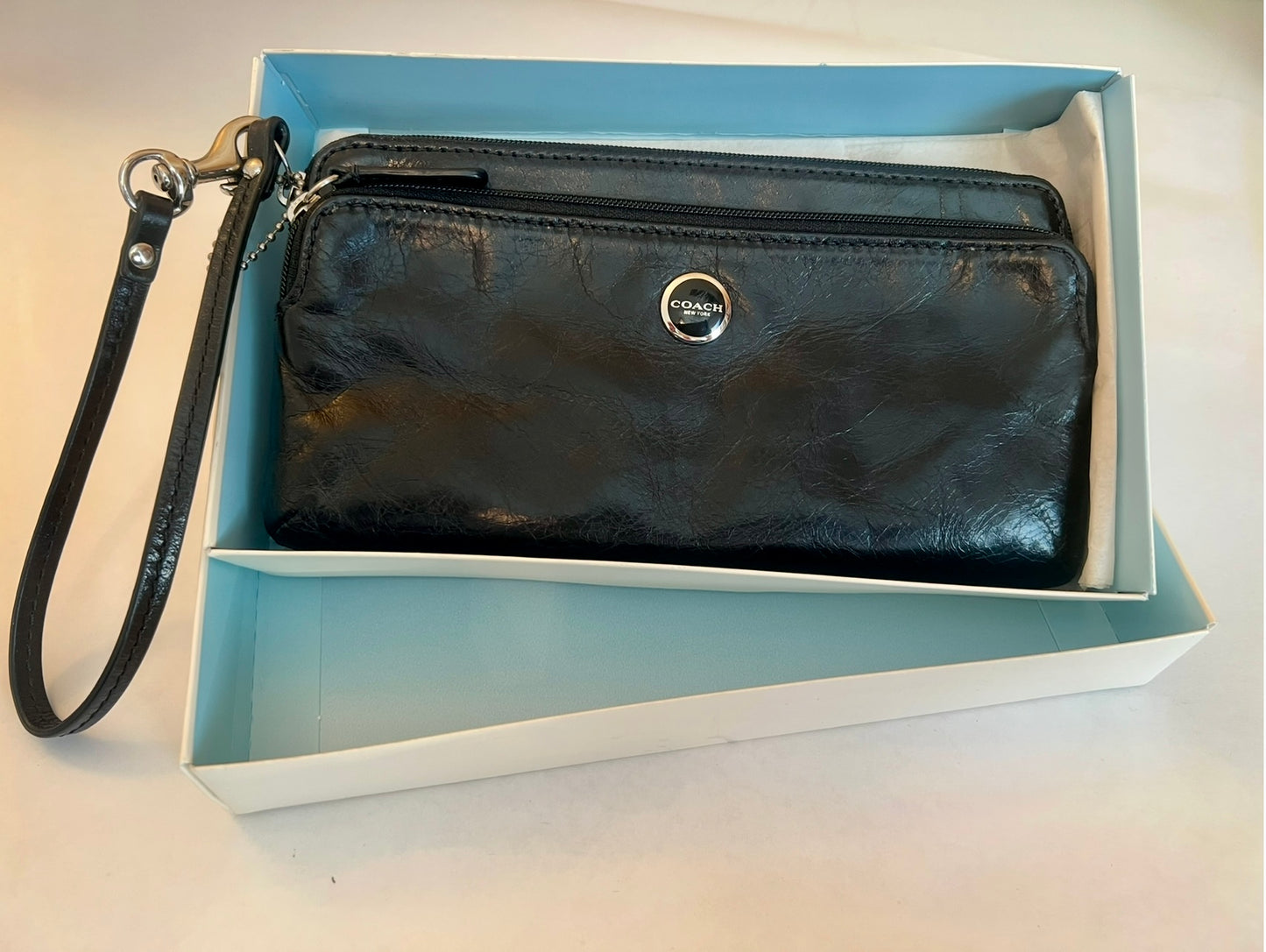 Vintage Coach Black Leather Double Zip Wallet Wristlet #47894 *New w/Box Receipt