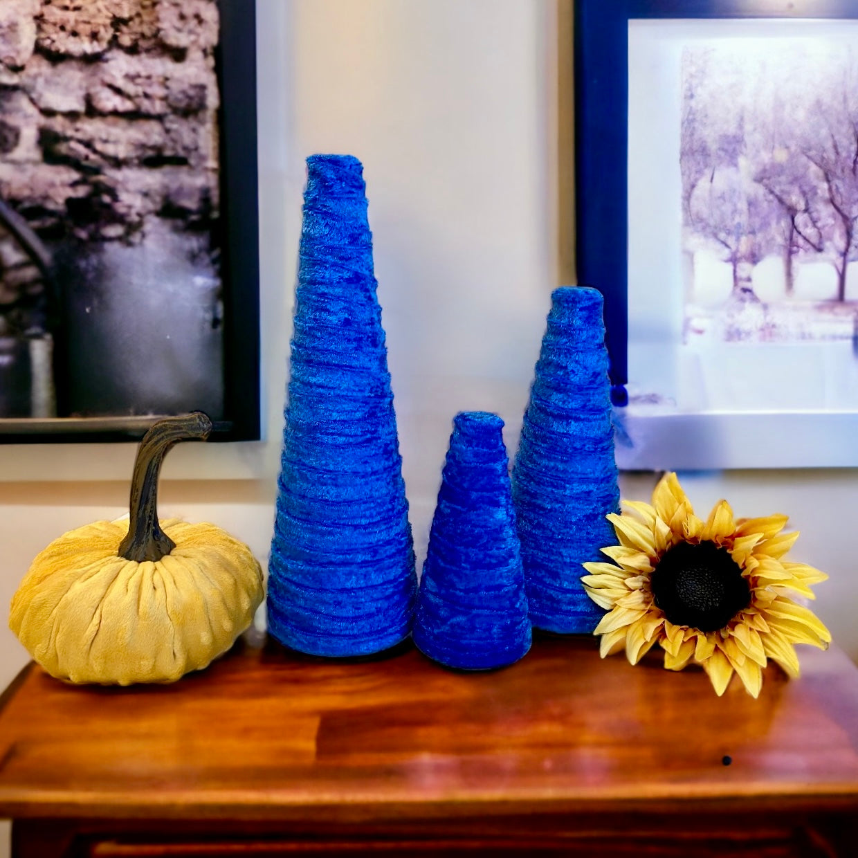 Decorative CONE Trees BLUE CRUSH Velvet Set of 3